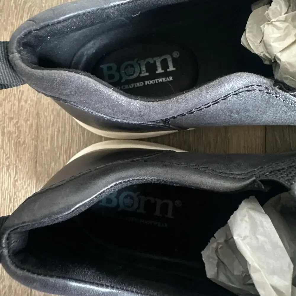Born Morgan Leather Slip On Sneakers Black Pull Tab Round Toe Men Size 9.5